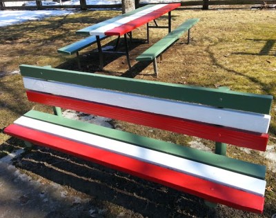 Park bench and picnic table in Italian colors