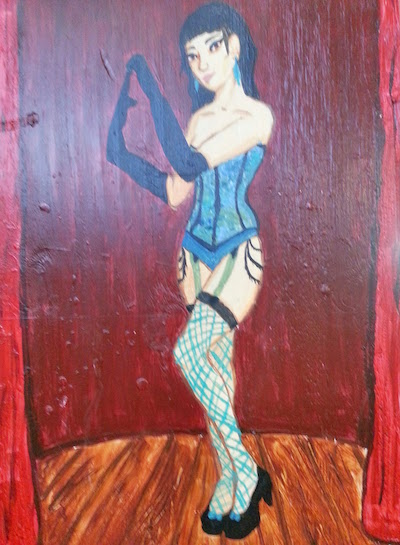 painting of woman in her underwear removing a long black glove