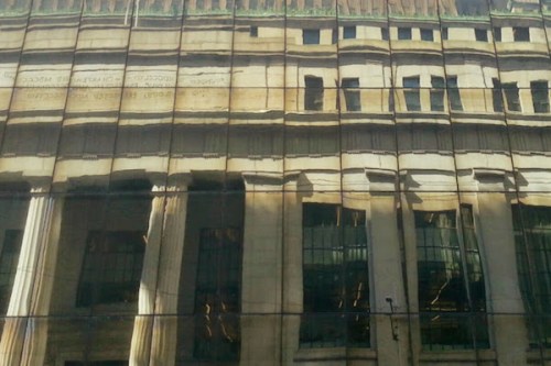 Reflection of the former Mellon National Bank, Downtown Pittsburgh in mirrored glass windows