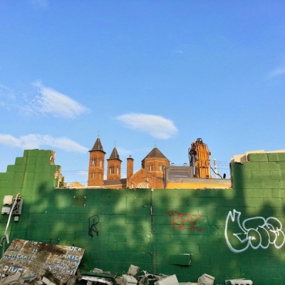 cinder-block wall of partially demolished Goeller Generator, Pittsburgh, Pa.