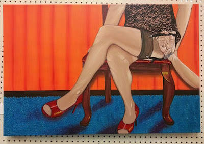 a painting mounted on a pegboard of a naughty lady with a weird disembodied hand grabbing at her