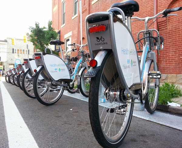 Healthy Ride bicycle share station in the Bloomfield neighborhood, Pittsburgh, Pa.