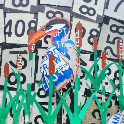 Meadville PennDOT sign sculpture fence detail of great blue heron