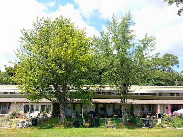 Aluminum City Terrace block of two-story units, each with different front yard changes
