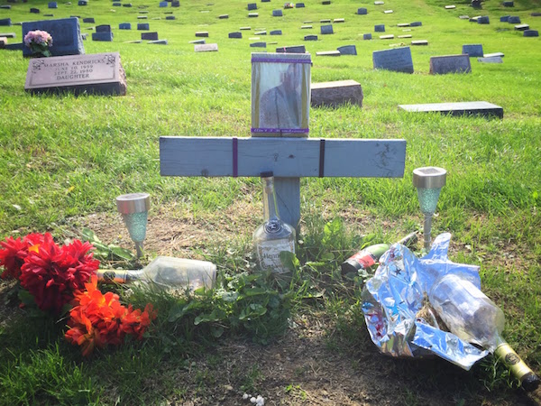 handmade grave made of 2x4s with photograph and Hennessy bottles, Highwood Cemetery, Pittsburgh, PA