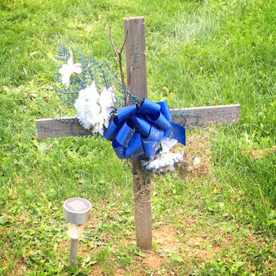 handmade grave with wooden cross, blue bow, and flowers, Highwood Cemetery, Pittsburgh, PA