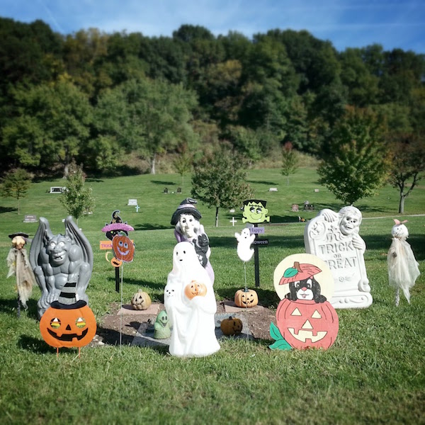 grave decorated for Halloween, Allegheny Cemetery, Pittsburgh, PA