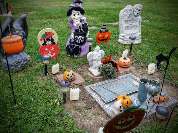 Grave decorated for Halloween, Allegheny Cemetery, Pittsburgh, PA