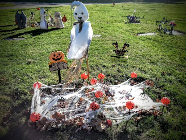 Graves decorated for Halloween, Allegheny Cemetery, Pittsburgh, PA