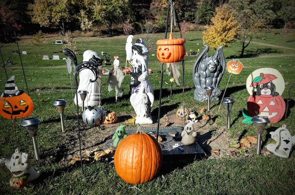 Graves decorated for Halloween, Allegheny Cemetery, Pittsburgh, PA