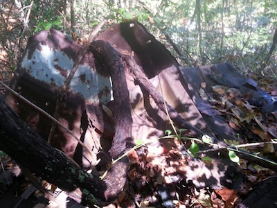 rusted automobile metal in wooded area