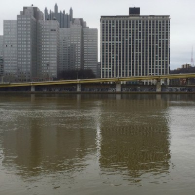 View of downtown Pittsburgh and the Allegheny River from the North Side with Adjutant murals visible under the Fort Duquesne Bridge ramp