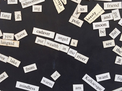 Refrigerator poetry from trail Christmas tree #1 reading "Cadaver angels put wealth in the river."