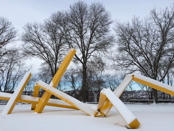 John Raymond Henry "Pittsburgh" sculpture (aka "The French Fry sculpture") in snow, Frank Curto Park, Pittsburgh, PA