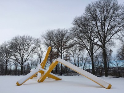 John Raymond Henry "Pittsburgh" sculpture (aka "The French Fry sculpture") in snow, Frank Curto Park, Pittsburgh, PA