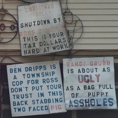 handmade protest signs on house, Ross Township, PA