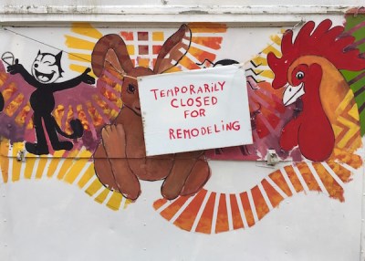 snack trailer with cartoon images and sign "Temporarily closed for remodeling"