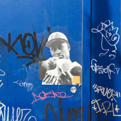 wheat paste street art of Roberto Clemente, Pittsburgh, PA