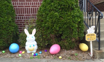 front stoop display of Easter bunny and eggs