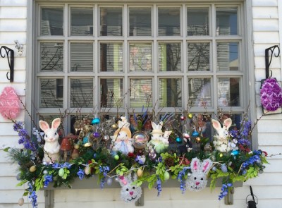 window flower box display with bunnies and eggs, Pittsburgh, PA