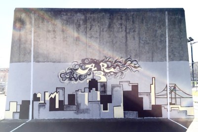 city skyline painted on concrete tennis practice wall, Pittsburgh, PA