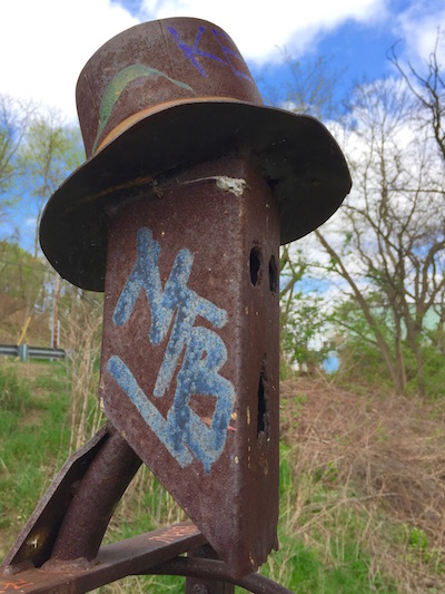 Boxy head with top hat of the Polish Hill troll, Pittsburgh, PA