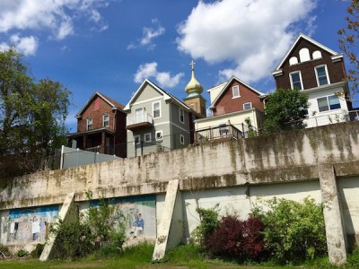 Retaining wall with murals, Rankin, PA