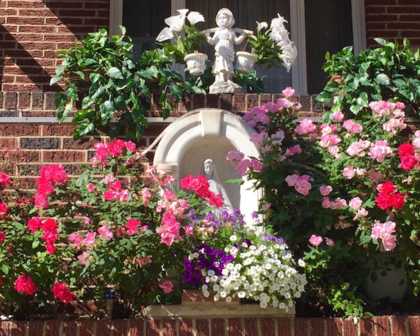 Statue of Mary in grotto surrounded by roses, Pittsburgh, PA