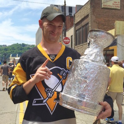 Man with homemade Stanley Cup, Pittsburgh Penguins 2016 victory parade