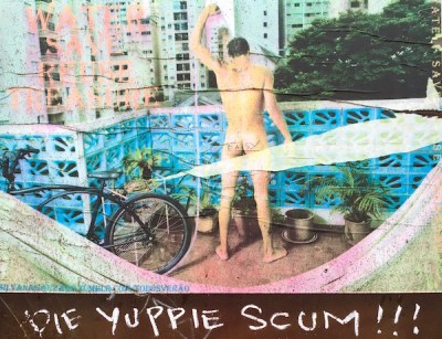 poster of naked man urinating into plant pots with text "Water save reuse treasure" and graffiti "Die yuppie scum!!!", Pittsburgh, PA