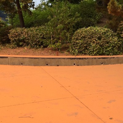 orange dust covering sidewalk and bushes