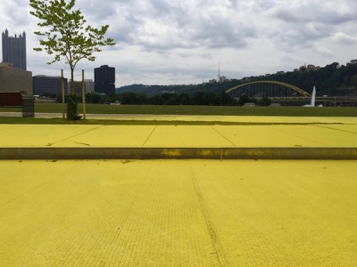 yellow dust covering street and sidewalks, Pittsburgh, PA