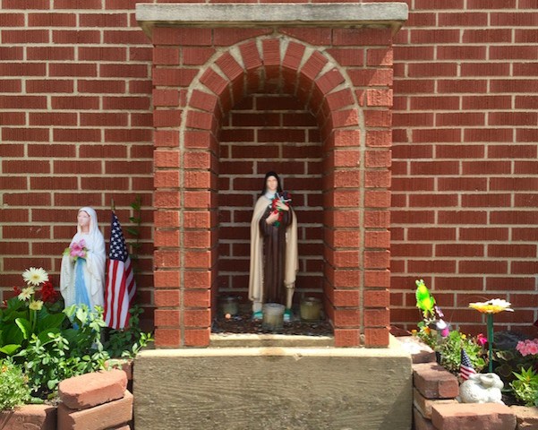 front yard Mary in grotto with a separate front yard Mary, Pittsburgh, PA