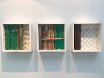 three-piece sculpture of square boxes with recycled fencing and bamboo by artist Felip Gaig