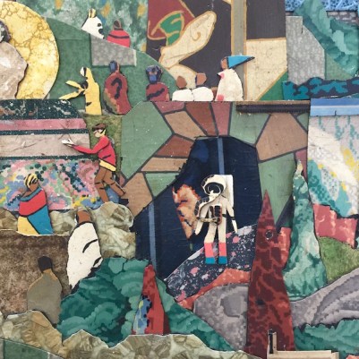 detail from large mosaic by Bill Miller created with recycled linoleum flooring