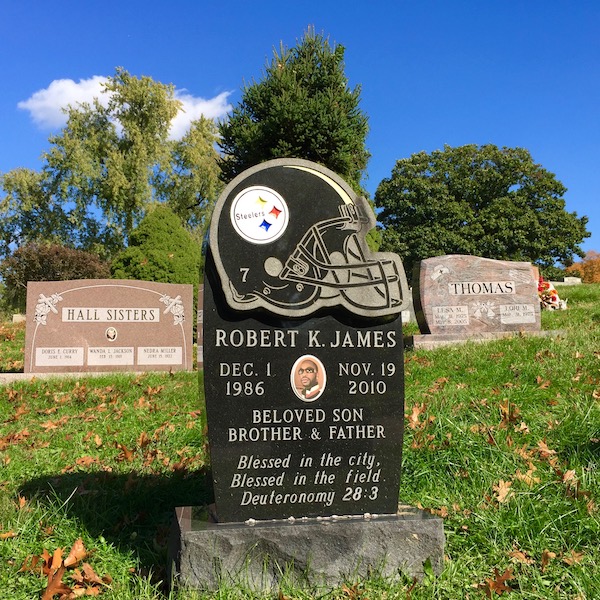 gravestone with Pittsburgh Steelers football helmet, Allegheny Cemetery, Pittsburgh, PA
