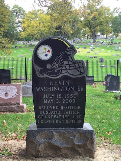 gravestone with large Pittsburgh Steelers football helmet, Highwood Cemetery, Pittsburgh, PA