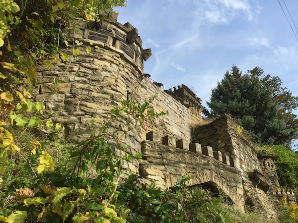 retaining wall on hillside constructed to look like medieval castle, Pittsburgh, PA