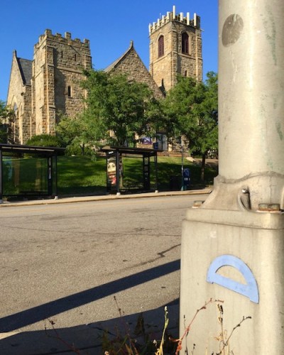 protractor glued to base of light pole, Pittsburgh, PA
