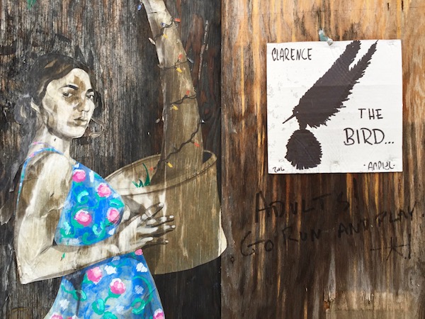 Clarence the Bird artwork stapled to wood covering empty storefront, Pittsburgh, PA