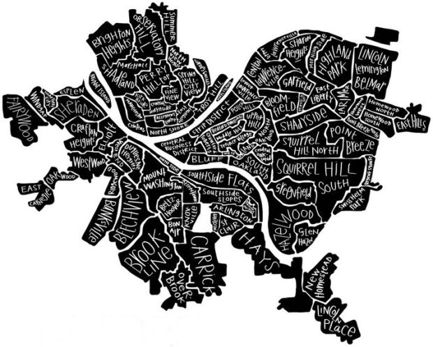stylized map of the city of Pittsburgh by neighborhood