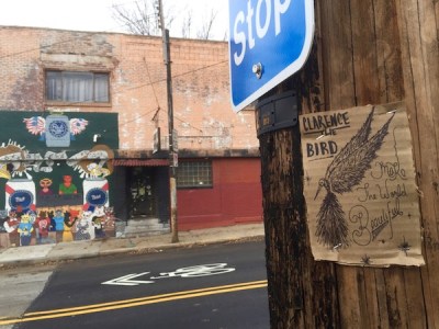 cardboard Clarence the Bird drawing stapled to telephone pole, Pittsburgh, PA