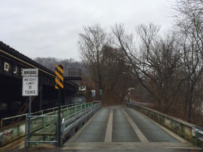 single-lane bridge crossing Nine Mile Run creek, Pittsburgh, PA