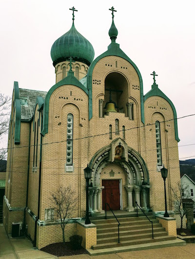 exterior view of onion-domed St. Nicholas Orthodox Church, Donora, PA