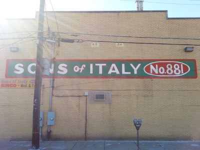brick wall with large painted sign "Sons of Italy No. 881", New Kensington, PA