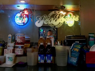 mirror behind bar with "Tea Bags - Always in Hot Water" logo, Pittsburgh, PA