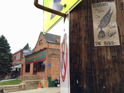 "Clarence the Bird" hand-drawn artwork stapled to telephone pole, Pittsburgh, PA