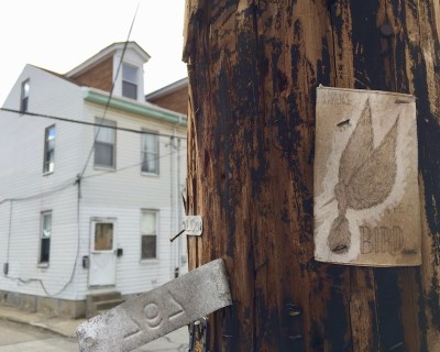 "Clarence the Bird" hand-drawn artwork stapled to telephone pole, Pittsburgh, PA