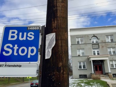 "Clarence the Bird" hand-drawn artwork stapled to telephone pole, Pittsburgh, PA