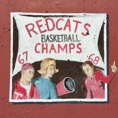 mural detail of high school students with banner reading "Redcats basketball champs '67 '68", Tarentum, PA